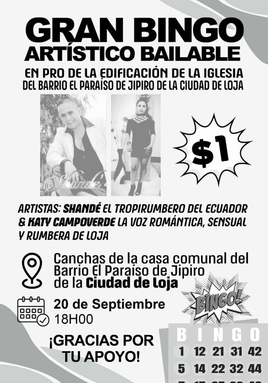 BINGO ARTÍSTICO BAILABLE EN PRO DE LA CAPILLA DEL PARAÍSO - LOJA